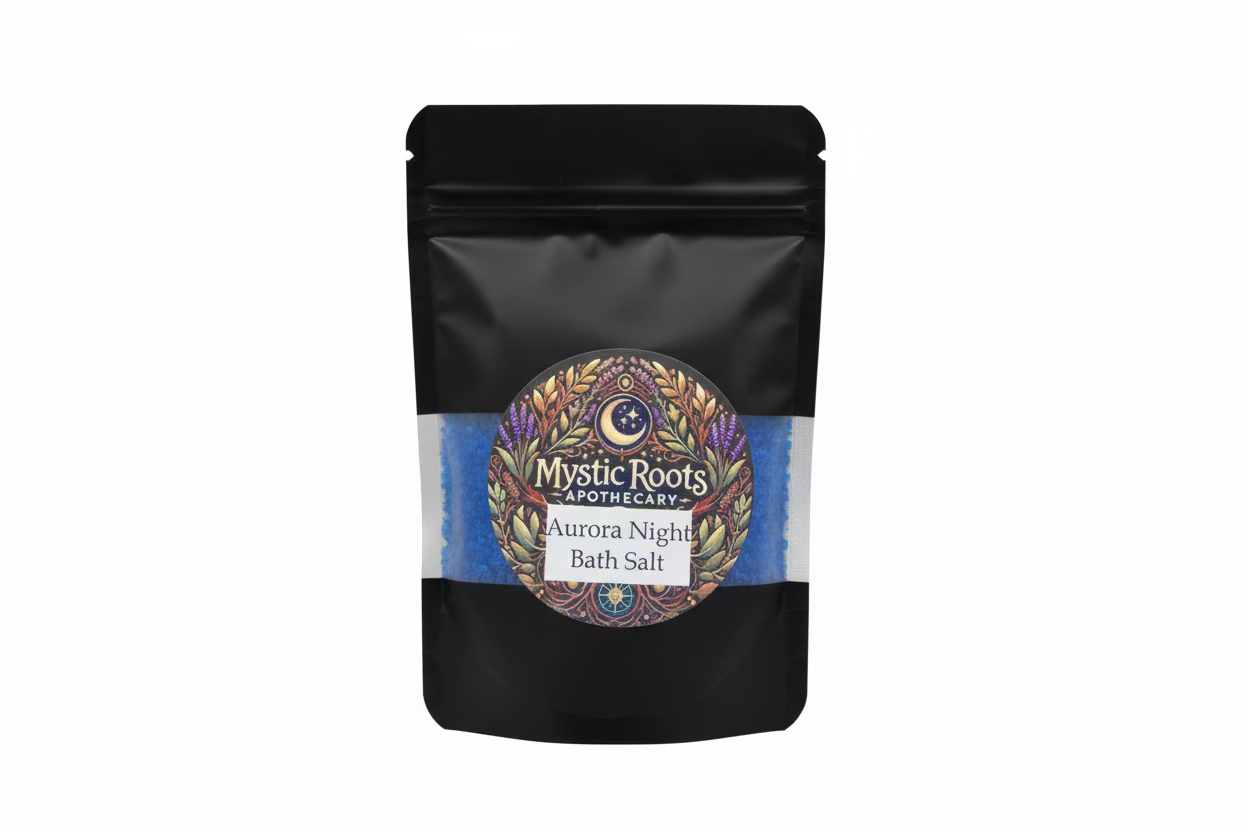 Black packaging of Mystic Roots Apothecary Aurora Night Bath Salt on a gray surface.
