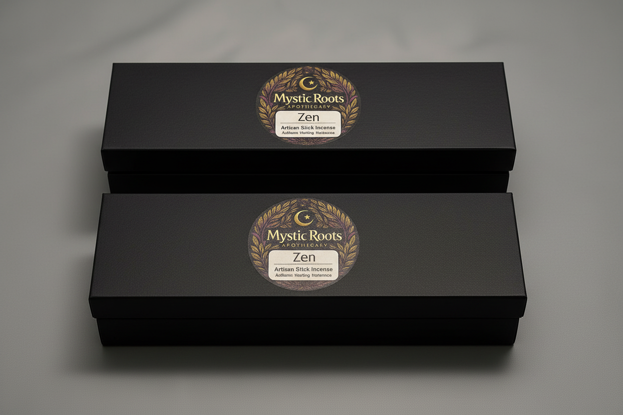 Three boxes of Mystic Roots Zen artisan stick incense with labels in a clear, clean design on a brown background.