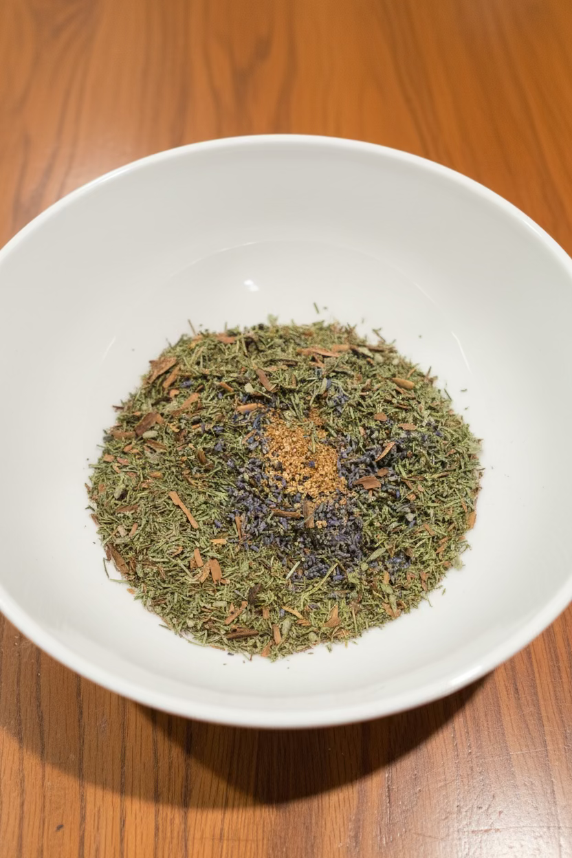 Dry herbs in a white bowl on a wooden surface