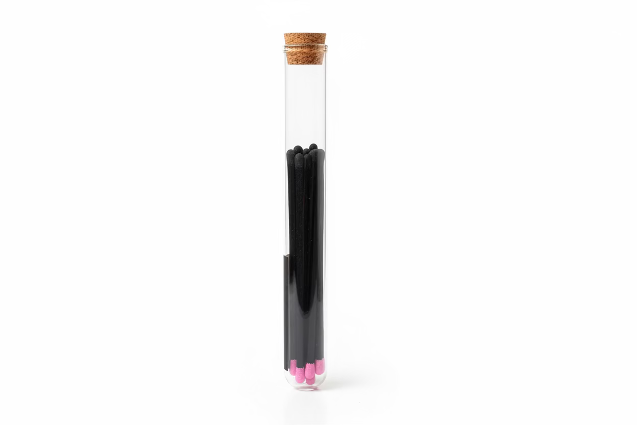 Matches in a clear plastic tube with a cork lid on a light gray surface.