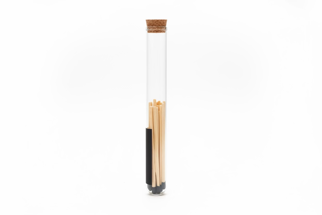Clear glass tube with matches and a cork lid on a white surface